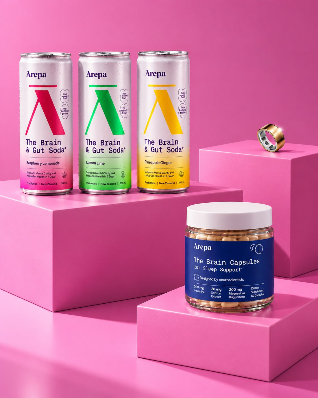 ĀREPA Brain & Gut Sodas, Brain Capsules for Sleep Support and a gold Oura Ring on pink plinths