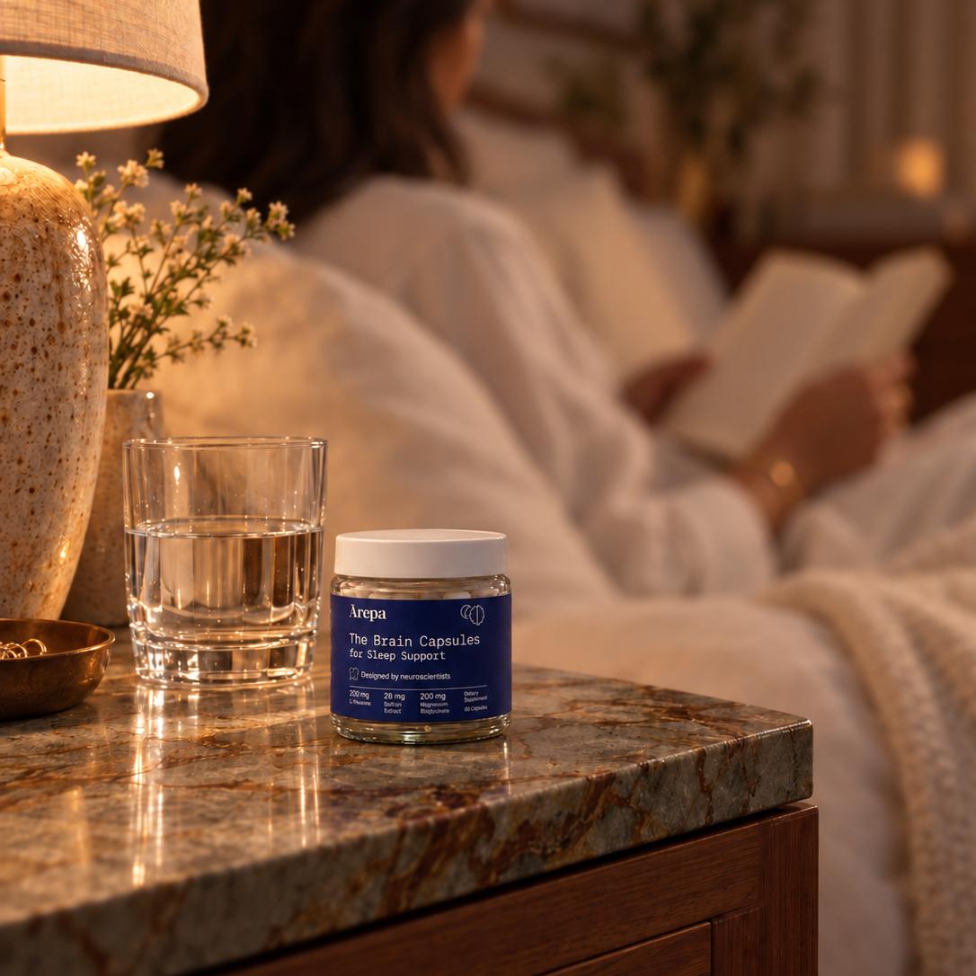 Sleep Support capsules on a bedside table